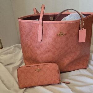 Coach Coral Pink Tote and Wallet Set